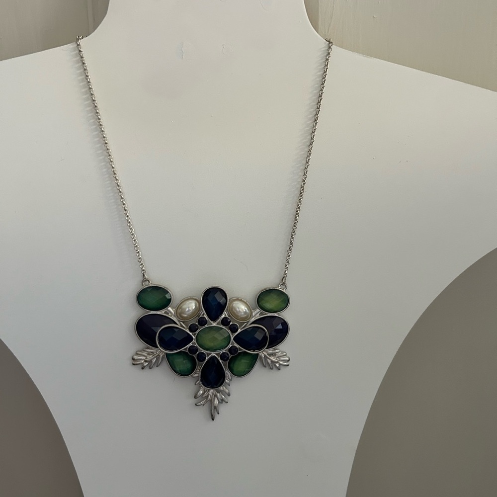 Elegant Silver, Blue, Jade Green & Ivory Costume Winter Necklace